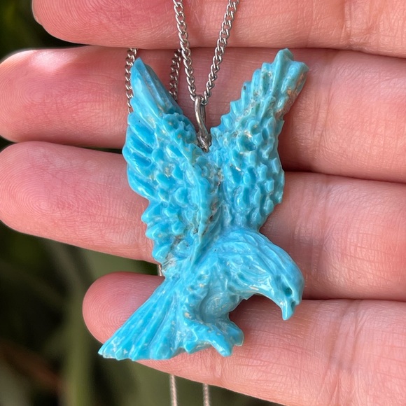 Vintage Jewelry - Southwestern signed hand carved turquoise flying eagle pendant and silver chain